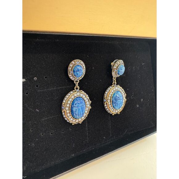 Heidi Daus Sparkling Scarab Carved Blue Stone & Crystal Drop Earrings - Picture 5 of 7
